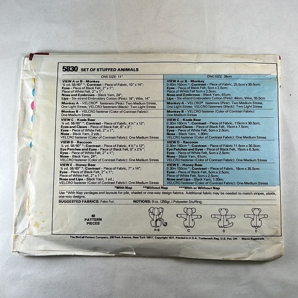 McCalls 5830 UNCUT Monkey Koala Bear Raccoon Honey Bear Sewing Pattern - Picture 2 of 4